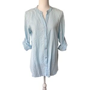 Ronnie Salloway Blue White Striped Rayon Roll Tab Tunic Top Medium Coastal Beach